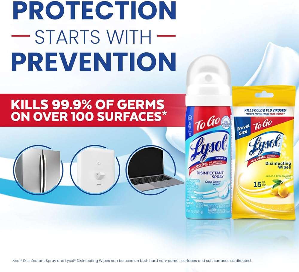 Lysol To Go Bundle - 1.5 Ounce Crisp Linen Disinfectant Spray and Lemon Lime Disinfecting Wipes Flat Pack - Image 3