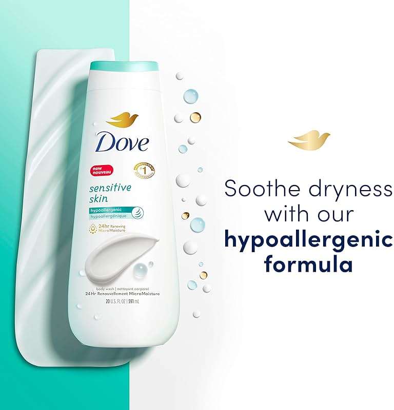 Dove Body Wash Sensitive Skin 4 Count Hypoallergenic, Paraben-Free, Sulfate-Free, Cruelty-Free, Moisturizing Skin Cleanser Effectively Washes Away Bacteria While Nourishing Skin 20 oz - Image 4