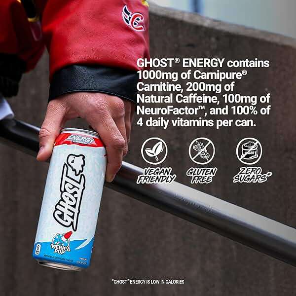 GHOST Energy Drink - 12-Pack, 'Merica Pop, 16oz Cans - Energy & Focus & No Artificial Colors - 200mg of Natural Caffeine, L-Carnitine & Taurine - Gluten-Free & Vegan - Image 5