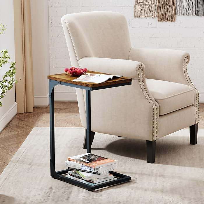QEEIG C Table Side Table Set of 2 Living Room Sets C Shaped Couch Tray End Tables Farmhouse, Rustic Brown (017-30BN) - Image 2