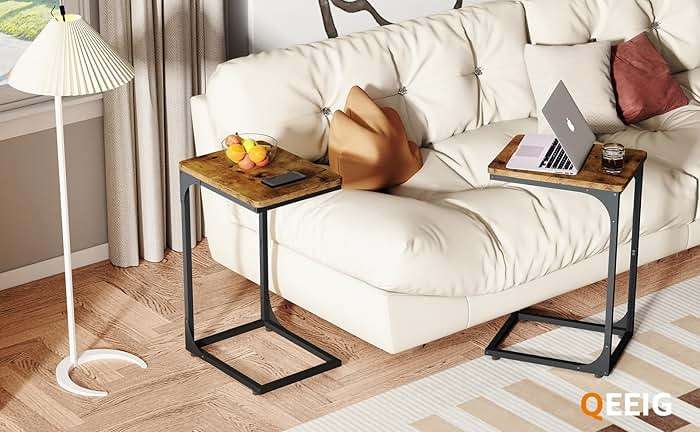 QEEIG C Table Side Table Set of 2 Living Room Sets C Shaped Couch Tray End Tables Farmhouse, Rustic Brown (017-30BN) - Image 9