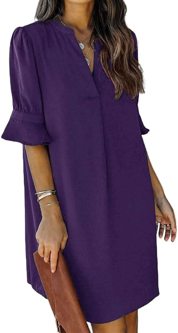 QACOHU Summer Dresses for Women V Neck Ruffle Short Sleeve Casual Shift Dress - Image 1
