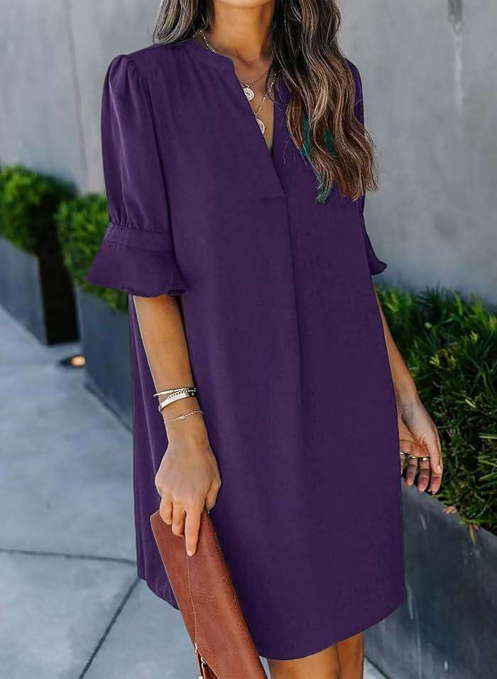 QACOHU Summer Dresses for Women V Neck Ruffle Short Sleeve Casual Shift Dress - Image 2