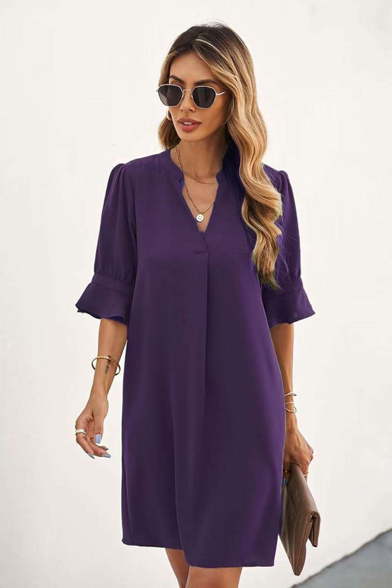 QACOHU Summer Dresses for Women V Neck Ruffle Short Sleeve Casual Shift Dress - Image 4