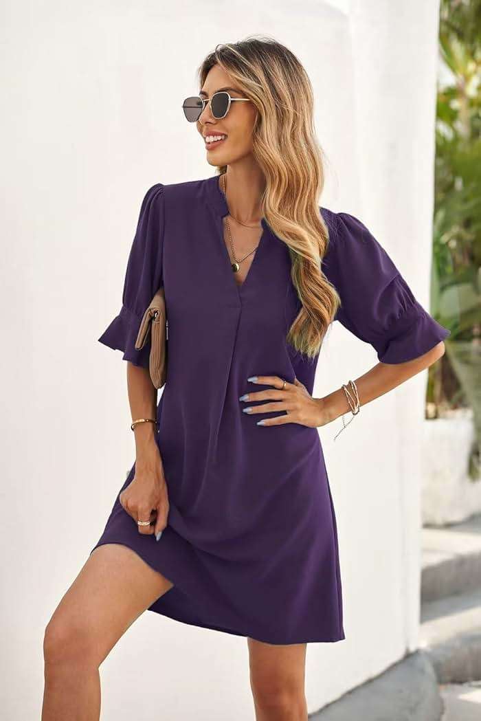 QACOHU Summer Dresses for Women V Neck Ruffle Short Sleeve Casual Shift Dress - Image 6