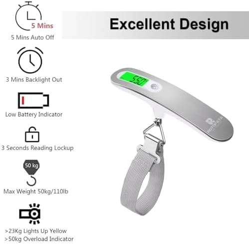 ROTOPATA Digital Luggage Travel Scale with Overweight Warning Function, Portable Handheld Electronic Weighing Scale with Hook, 50kg and Backlit LCD Display Screen Design for Suitcase Baggage - Image 2