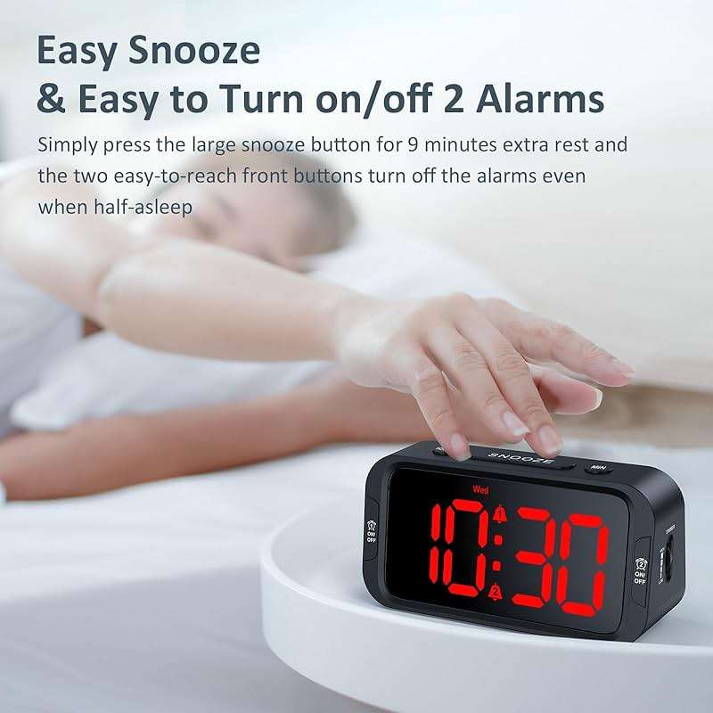 Odokee Digital Dual Alarm Clock for Bedroom, Easy to Set, 0-100% Dimmer, USB Charger, 5 Sounds Adjustable Volume, Weekday/Weekend Mode, Snooze, 12/24Hr, Battery Backup, Compact Clock for Bedside(Red) - Image 6