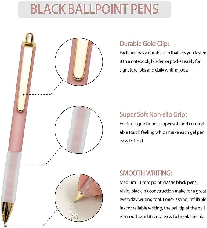 Linbsunne Ballpoint Pens Black Medium Point 1mm Pen with Super Soft Grip Ball Point Pen for Men Women Retractable Pens - Image 2