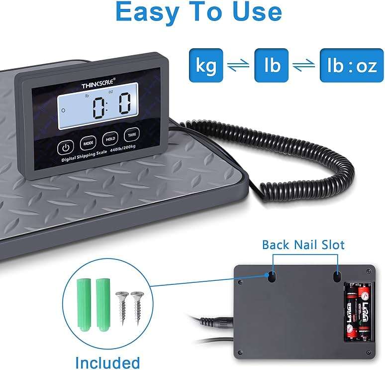 THINKSCALE Shipping Scale, 440 lbs/1 oz Highly Accurate Postal Scale with Hold/Tare/LCD Display, Lightweight Digital Postage Scale for Packages/Luggage/Post Office/Dog, Battery & AC Adapter Included - Image 4