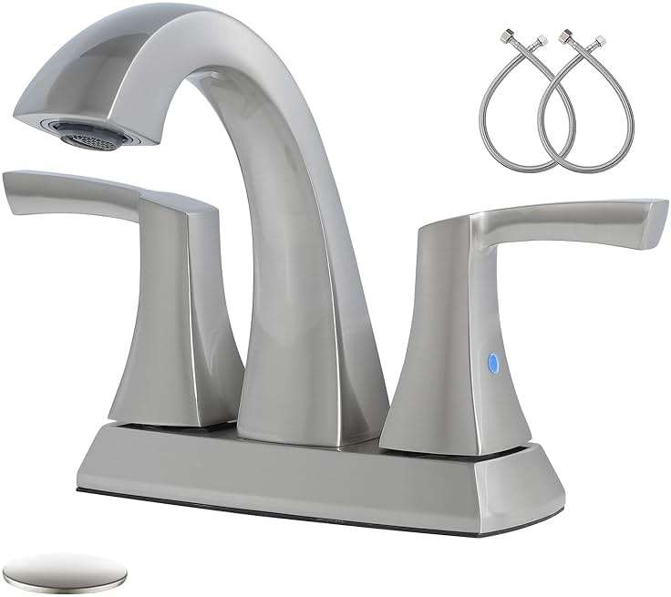 VXV Bathroom Faucet Brushed Nickel, 2 Handles Low Arc Bathroom Sink Faucets, 4 Inch Centerset Bath Lavatory Faucets with Pop-up Drain & Faucet Supply Lines (BN) - Image 1