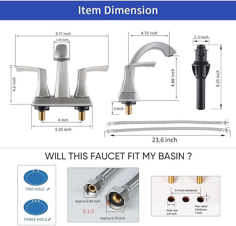 VXV Bathroom Faucet Brushed Nickel, 2 Handles Low Arc Bathroom Sink Faucets, 4 Inch Centerset Bath Lavatory Faucets with Pop-up Drain & Faucet Supply Lines (BN) - Image 2