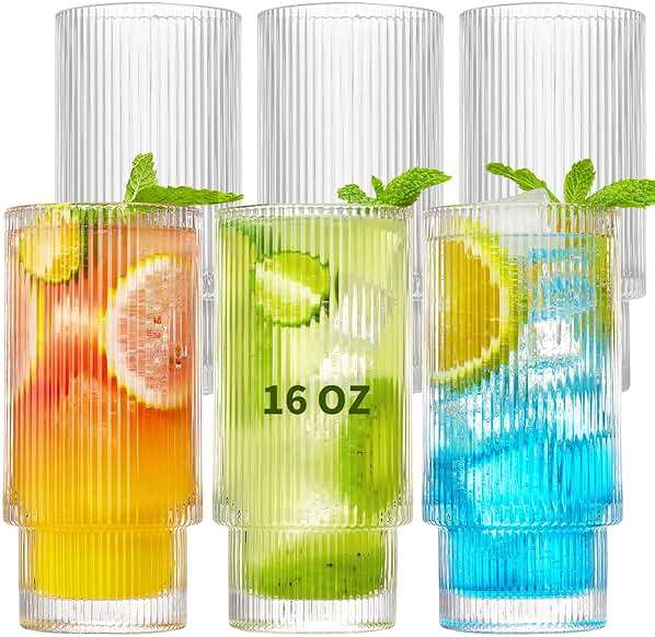 Qipecedm 6 Pack Ribbed Drinking Glasses, 16 oz Vintage Glass Cups, Highball Glasses, Premium Iced Coffee Glasses, Clear Glass Tumbler, Cocktail Glasses, Elegant Glassware for Water Juice Whiskey Beer - Image 1
