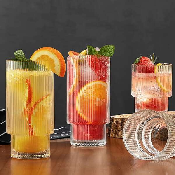 Qipecedm 6 Pack Ribbed Drinking Glasses, 16 oz Vintage Glass Cups, Highball Glasses, Premium Iced Coffee Glasses, Clear Glass Tumbler, Cocktail Glasses, Elegant Glassware for Water Juice Whiskey Beer - Image 2