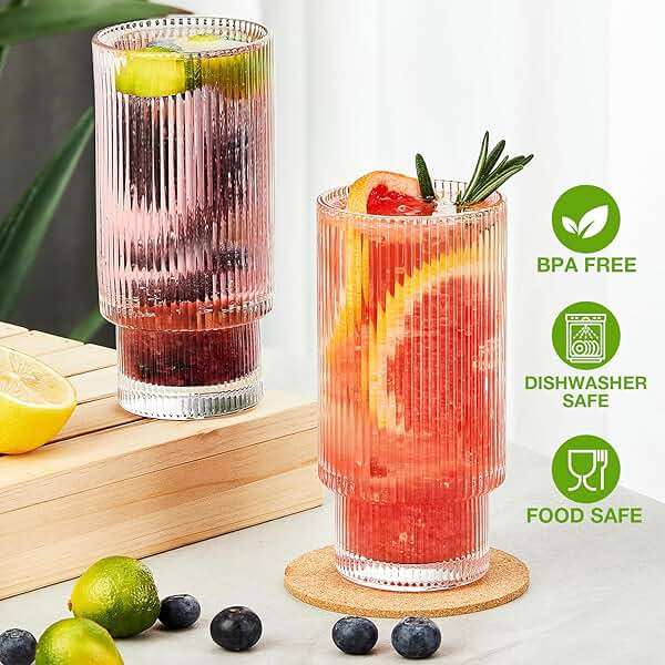 Qipecedm 6 Pack Ribbed Drinking Glasses, 16 oz Vintage Glass Cups, Highball Glasses, Premium Iced Coffee Glasses, Clear Glass Tumbler, Cocktail Glasses, Elegant Glassware for Water Juice Whiskey Beer - Image 4