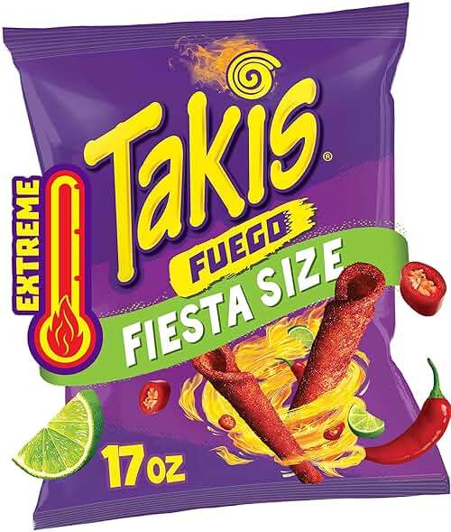 Takis Fuego 17 oz Fiesta Size Hot Chili Pepper & Lime Flavored Extreme Spicy Rolled Corn Tortilla Chips - Image 1