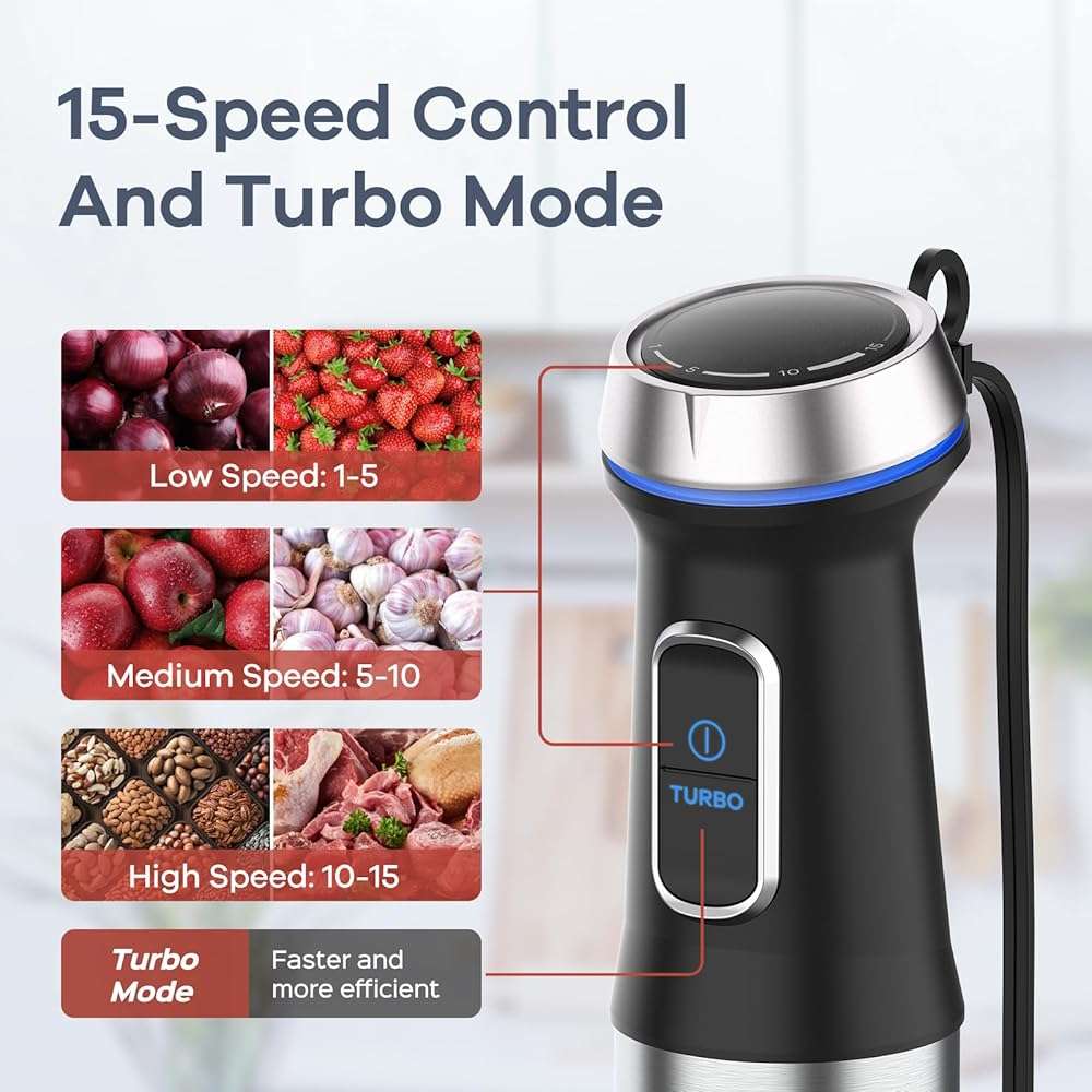 Ganiza Immersion Blender 5 in 1 Hand Blender Max 1000W Heavy Duty Motor, 16 Speed Mode Handheld Blender Stainless Steel Blade With 800ml Mixing Beaker, 600ml Chopper, Whisk and Milk Frother - Image 4