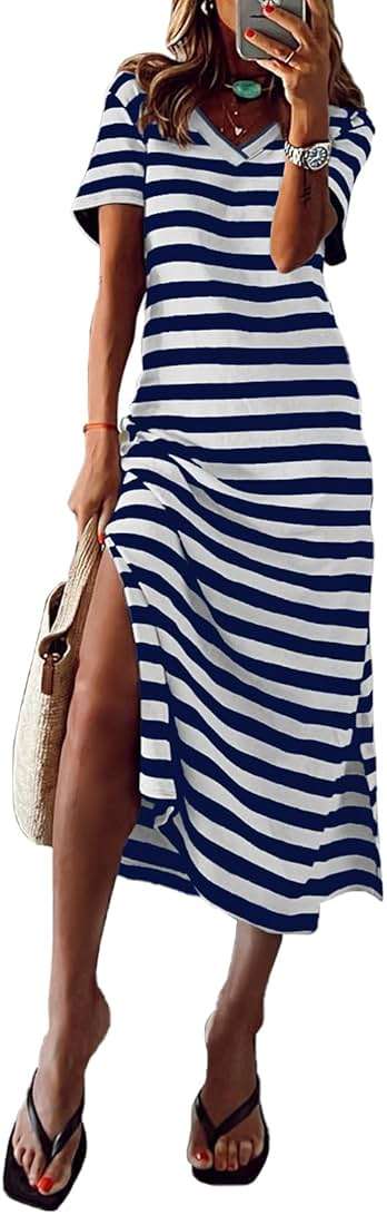 MARZXIN Women 2026 Casual Maxi Dress Short Sleeve V Neck Stripe Sundress Split Loose Long Summer Tshirt Activewear Dress - Image 1