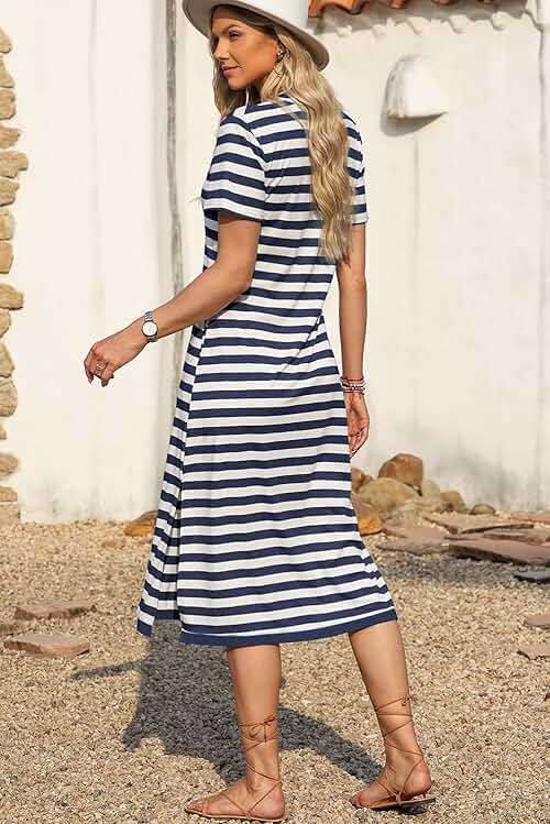 MARZXIN Women 2026 Casual Maxi Dress Short Sleeve V Neck Stripe Sundress Split Loose Long Summer Tshirt Activewear Dress - Image 3