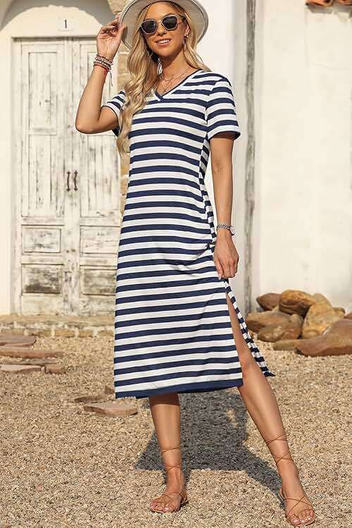 MARZXIN Women 2026 Casual Maxi Dress Short Sleeve V Neck Stripe Sundress Split Loose Long Summer Tshirt Activewear Dress - Image 4