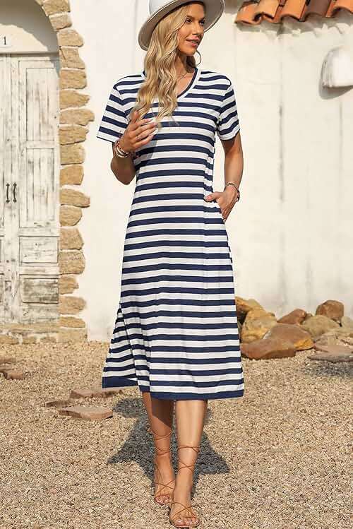 MARZXIN Women 2026 Casual Maxi Dress Short Sleeve V Neck Stripe Sundress Split Loose Long Summer Tshirt Activewear Dress - Image 5