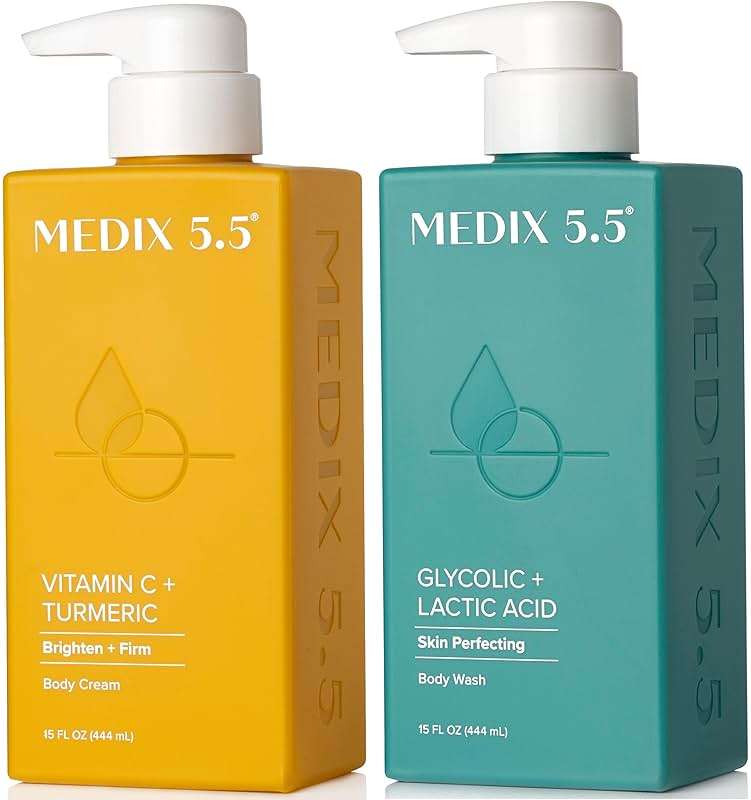 MEDIX 5.5 Exfoliating AHA Glycolic Acid Face & Body Wash Cleanser + Vitamin C Moisturizing Body Cream Lotion Skin Care 2PC Set | Alpha Hydroxy Acid & Lactic Acid Foaming Face Wash, 2-PC - Image 1