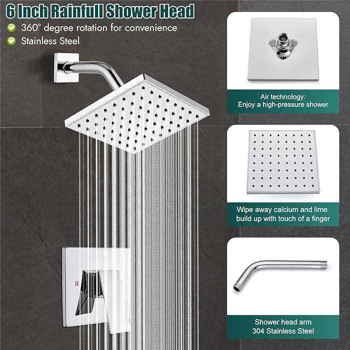 Heyalan Shower Faucet Set with Tub Spout, Bathtub and Shower Trim Kit with Valve, Single Handle Bathroom Shower Faucet Set 6 Inch Square Rainfall Shower Head, Polished Chrome - Image 4