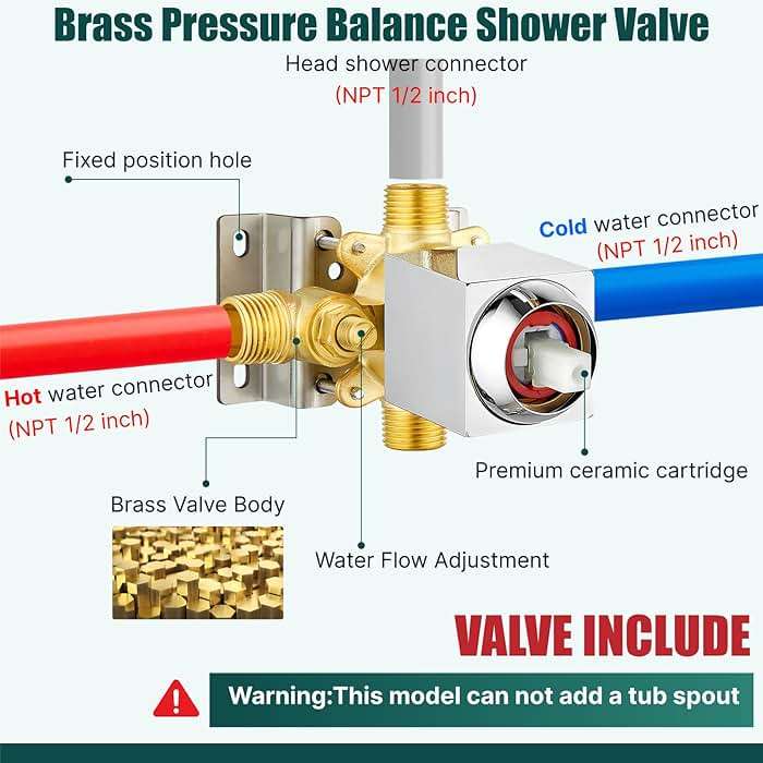 Heyalan Shower Faucet Set with Tub Spout, Bathtub and Shower Trim Kit with Valve, Single Handle Bathroom Shower Faucet Set 6 Inch Square Rainfall Shower Head, Polished Chrome - Image 7