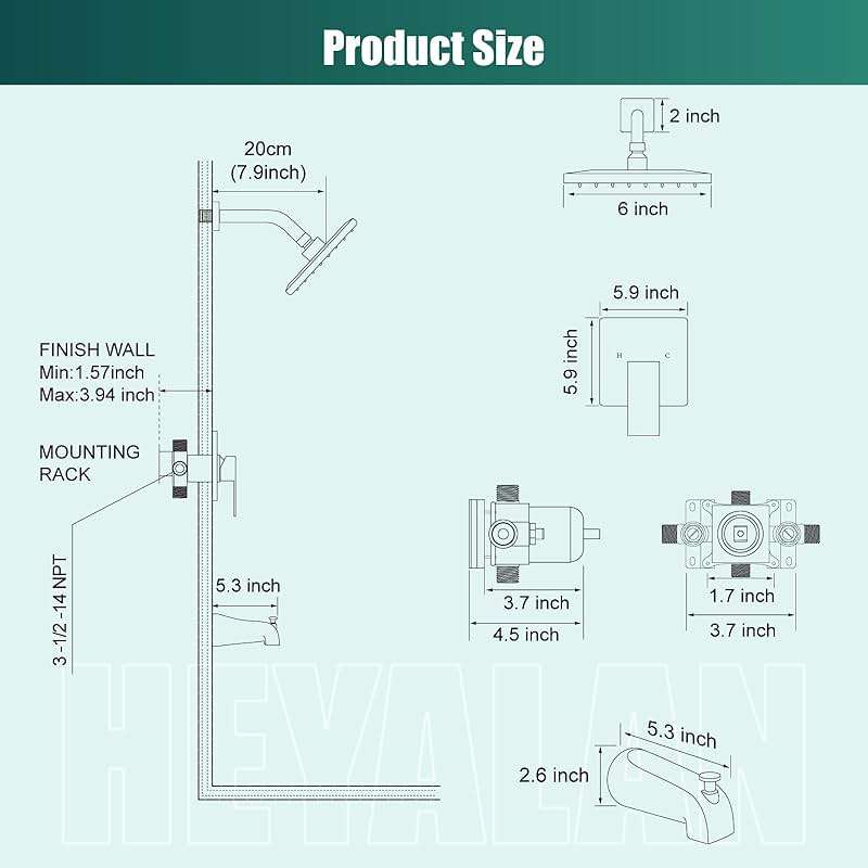 Heyalan Shower Faucet Set with Tub Spout, Bathtub and Shower Trim Kit with Valve, Single Handle Bathroom Shower Faucet Set 6 Inch Square Rainfall Shower Head, Polished Chrome - Image 8