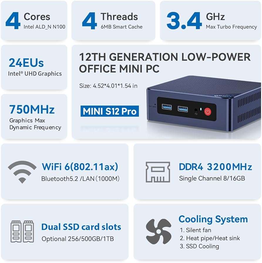 Beelink Mini S12 Pro Mini PC, Intel 12th Gen N100 (4C/4T, up to 3.4GHz), 16GB DDR4, 500GB SSD, Desktop Computer Support Dual HDMI 4K@60Hz, WiFi 6, BT5.2, NAS, Low Power - Image 2