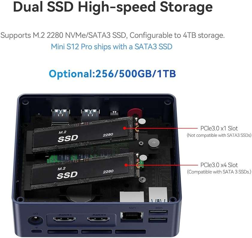 Beelink Mini S12 Pro Mini PC, Intel 12th Gen N100 (4C/4T, up to 3.4GHz), 16GB DDR4, 500GB SSD, Desktop Computer Support Dual HDMI 4K@60Hz, WiFi 6, BT5.2, NAS, Low Power - Image 6