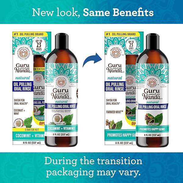 GuruNanda CocoMint Oil Pulling Mouthwash for Complete Oral Hygiene, 7 Essential Oils & Vitamins for Happy Teeth & Gums & Fresh Breath with Toothbrush & Tongue Scraper, Alcohol & Peroxide Free, 8 oz - Image 2