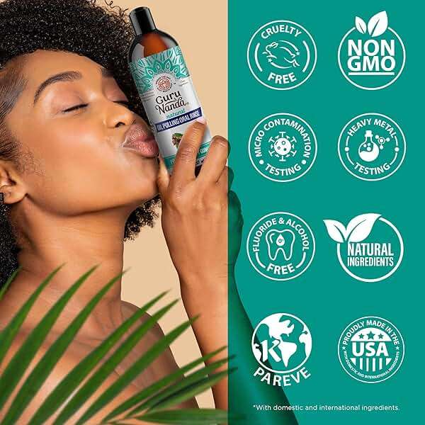 GuruNanda CocoMint Oil Pulling Mouthwash for Complete Oral Hygiene, 7 Essential Oils & Vitamins for Happy Teeth & Gums & Fresh Breath with Toothbrush & Tongue Scraper, Alcohol & Peroxide Free, 8 oz - Image 8
