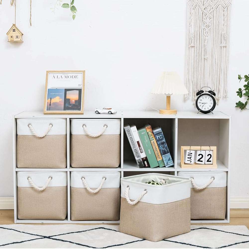 MidmmVick 11 x 11 Inch Cube Storage Bins, 6 Pack Large Collapsible Fabric Storage Bin with Ropes, Foldable Storage Cubes for Home, Office,Closet, Clothes, Toys Organizer (White & Beige-11"x11"x11") - Image 2