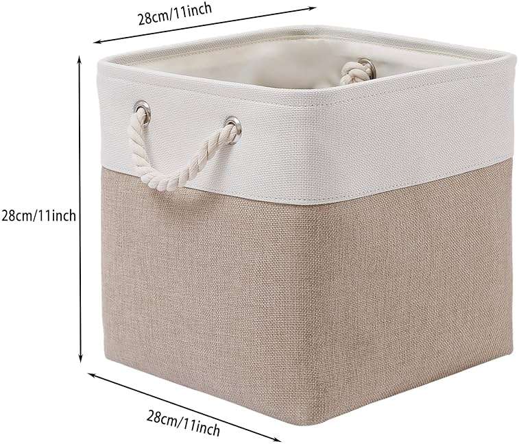 MidmmVick 11 x 11 Inch Cube Storage Bins, 6 Pack Large Collapsible Fabric Storage Bin with Ropes, Foldable Storage Cubes for Home, Office,Closet, Clothes, Toys Organizer (White & Beige-11"x11"x11") - Image 3