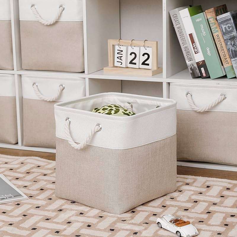 MidmmVick 11 x 11 Inch Cube Storage Bins, 6 Pack Large Collapsible Fabric Storage Bin with Ropes, Foldable Storage Cubes for Home, Office,Closet, Clothes, Toys Organizer (White & Beige-11"x11"x11") - Image 4
