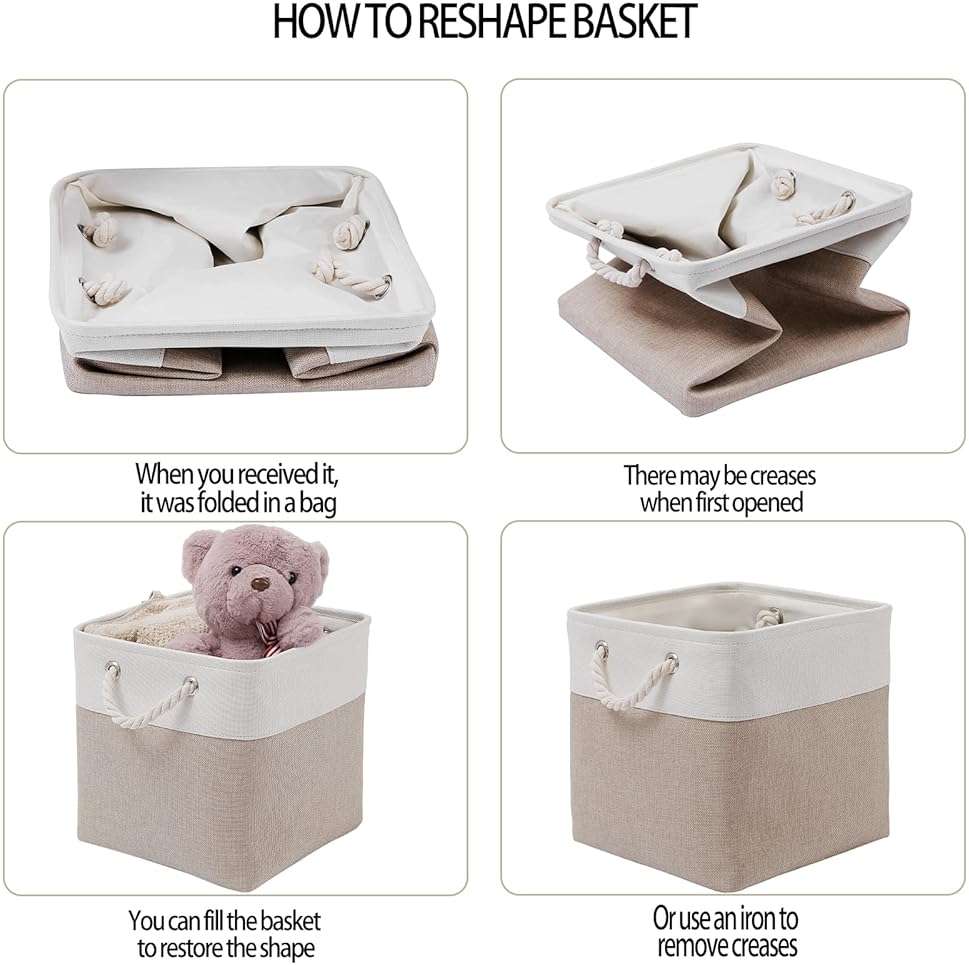 MidmmVick 11 x 11 Inch Cube Storage Bins, 6 Pack Large Collapsible Fabric Storage Bin with Ropes, Foldable Storage Cubes for Home, Office,Closet, Clothes, Toys Organizer (White & Beige-11"x11"x11") - Image 5