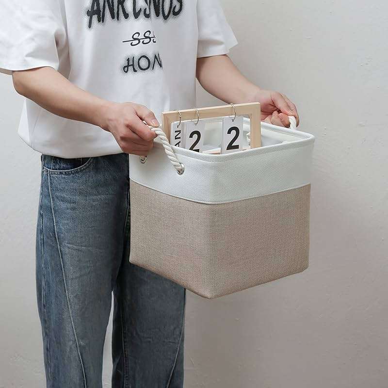 MidmmVick 11 x 11 Inch Cube Storage Bins, 6 Pack Large Collapsible Fabric Storage Bin with Ropes, Foldable Storage Cubes for Home, Office,Closet, Clothes, Toys Organizer (White & Beige-11"x11"x11") - Image 6
