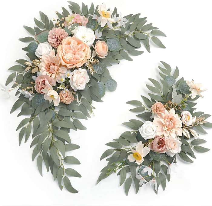 Piklado Faux Flower Swag Set of 2 for Wedding Welcome Signs Floral Swag Wedding Reception Ceremony Signs Decor (Champagne & Pink) - Image 1