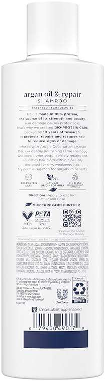 Dove Shampoo Argan Oil & Repair for Fine Hair with Bio-Protein Care Technology and Argan Oil Blend 12 Fl Oz - Image 2