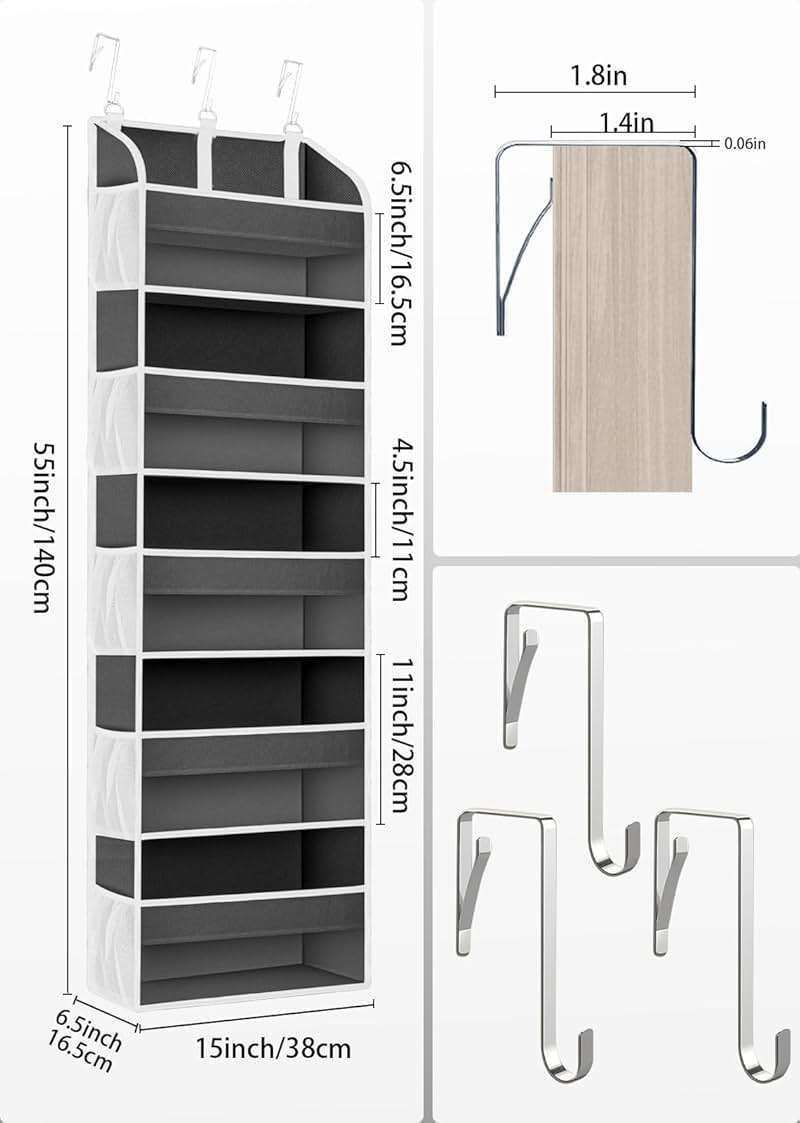 TAHAVICE Over the Door Organizer Storage, College Dorm Essentials for Girls, Hanging Organizer Closet 5 Large & 10 Mesh Pockets, Storage for Dorm Organization, Nursery & Bedroom (Dark Grey) - Image 2