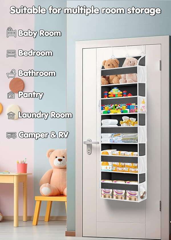 TAHAVICE Over the Door Organizer Storage, College Dorm Essentials for Girls, Hanging Organizer Closet 5 Large & 10 Mesh Pockets, Storage for Dorm Organization, Nursery & Bedroom (Dark Grey) - Image 5