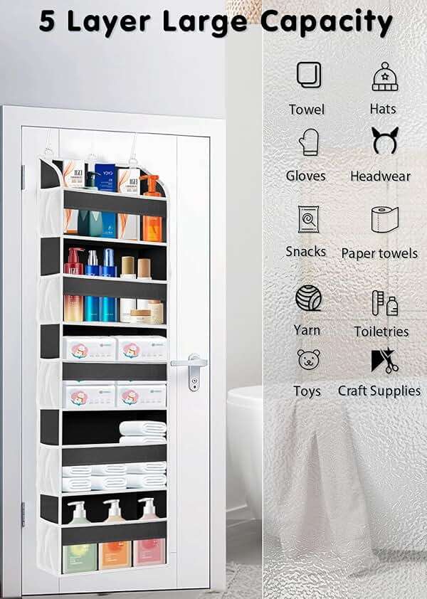 TAHAVICE Over the Door Organizer Storage, College Dorm Essentials for Girls, Hanging Organizer Closet 5 Large & 10 Mesh Pockets, Storage for Dorm Organization, Nursery & Bedroom (Dark Grey) - Image 6