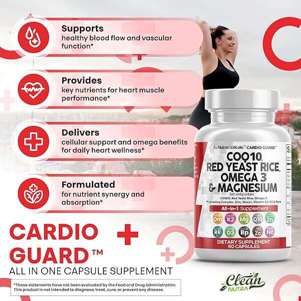 Clean Nutraceuticals COQ10 200mg Red Yeast Rice Omega 3 Magnesium Complex 500mg Niacin Zinc Vitamin K2 D3 - Heart Support Vitamins for Women & Men w/Vitamin B3, Coenzyme Q10-60 Ct - Image 5