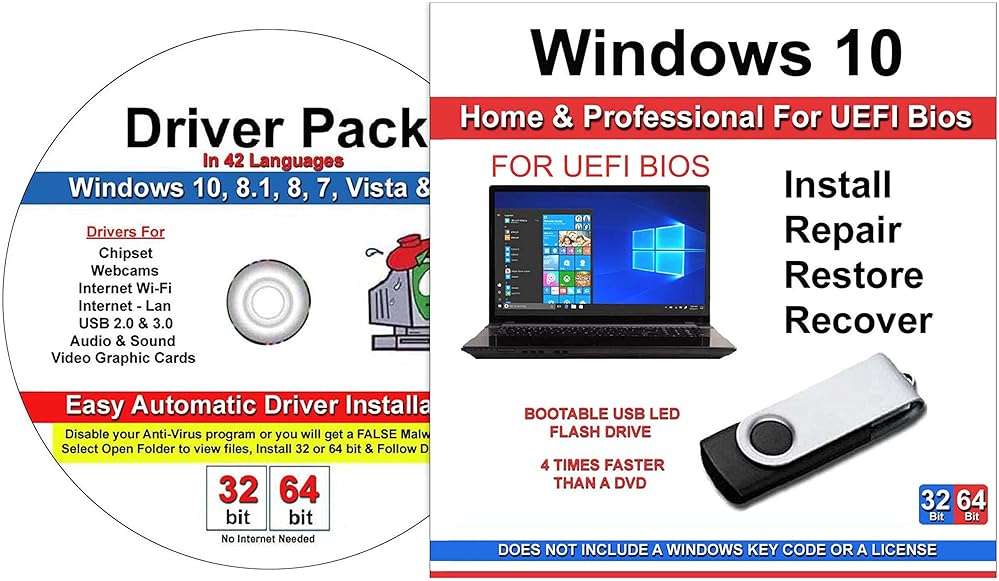 9th & Vine USB Flash Drive Compatible With Windows 10 All Version 32/64 bit Install, Repair, Restore & Recovery USB Drive For UEFI Bios & Drivers Pack - Image 1