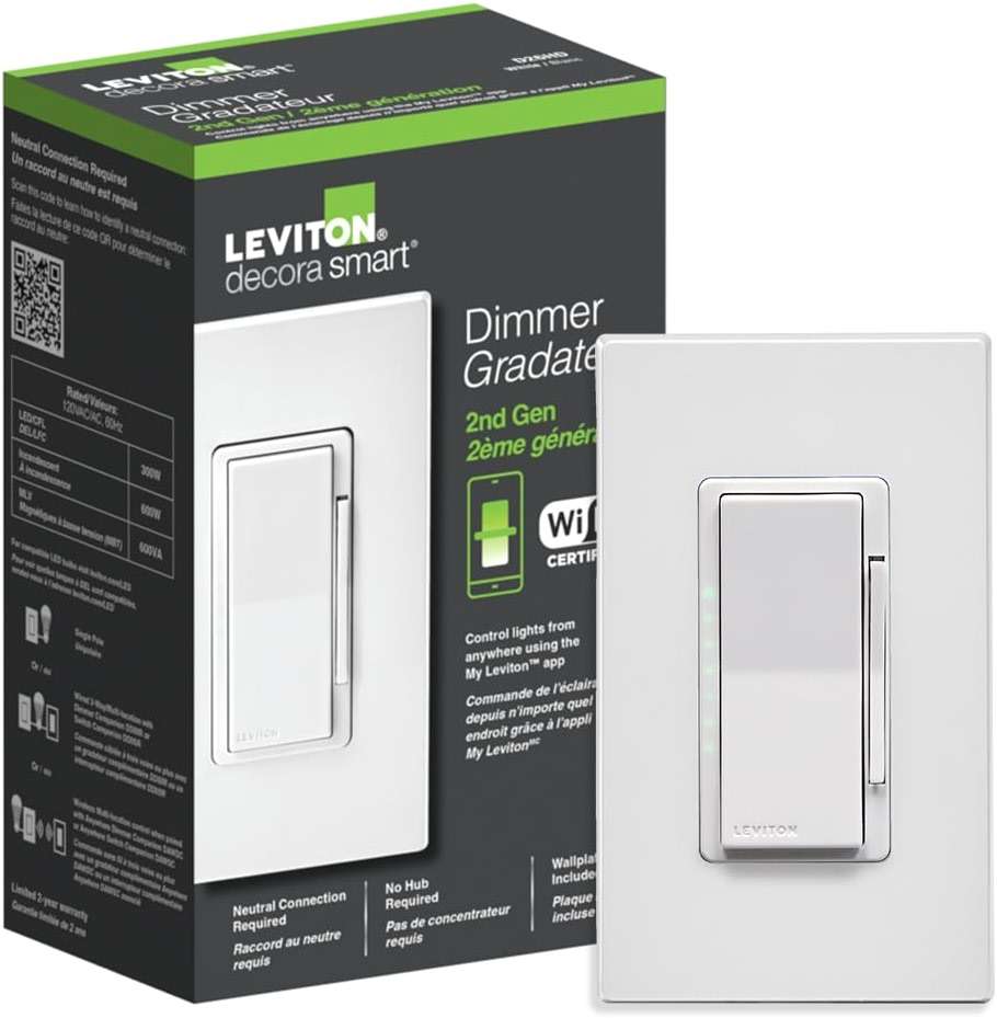 Leviton Decora Smart Dimmer Switch, Wi-Fi 2nd Gen, Neutral Wire Required, Works with Matter, Alexa, Google Assistant, Apple Home/Siri, Wired or Wireless 3-Way, D26HD-1RW, White - Image 1