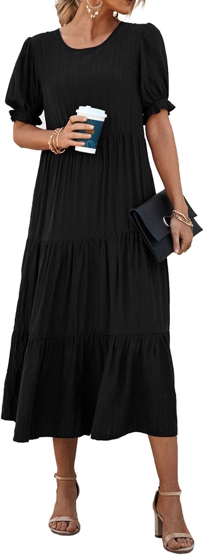 PRETTYGARDEN Summer Dresses for Women 2026 Casual Floral Boho Midi Sun Dress Puff Short Sleeve Flowy Beach Vacation Sundress - Image 1