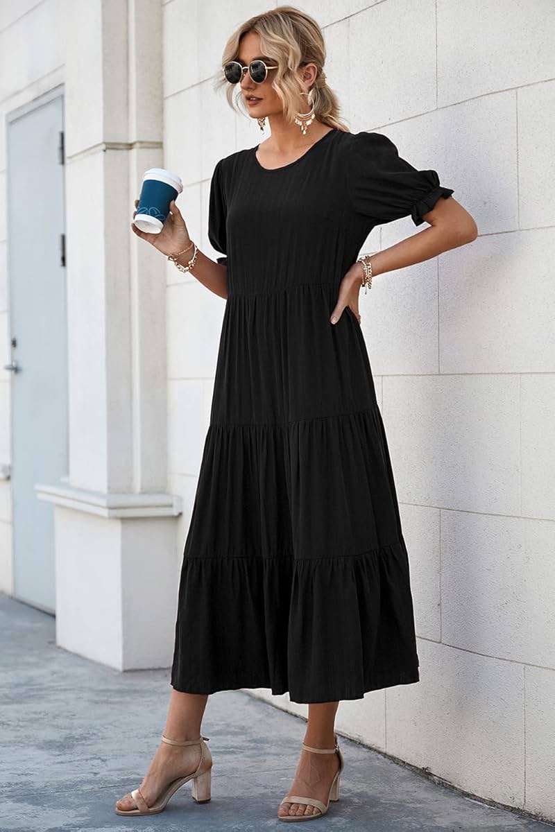 PRETTYGARDEN Summer Dresses for Women 2026 Casual Floral Boho Midi Sun Dress Puff Short Sleeve Flowy Beach Vacation Sundress - Image 2