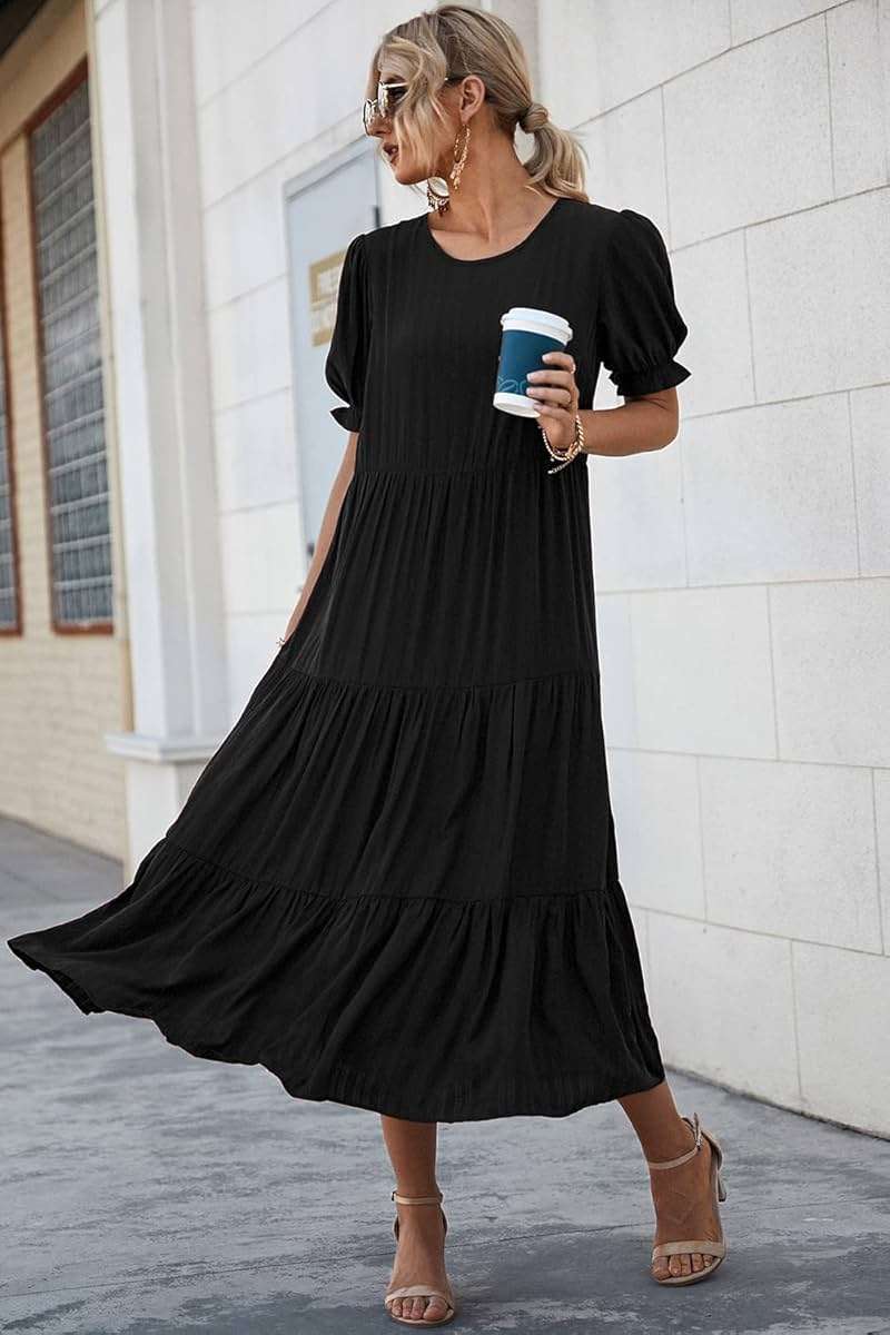 PRETTYGARDEN Summer Dresses for Women 2026 Casual Floral Boho Midi Sun Dress Puff Short Sleeve Flowy Beach Vacation Sundress - Image 3