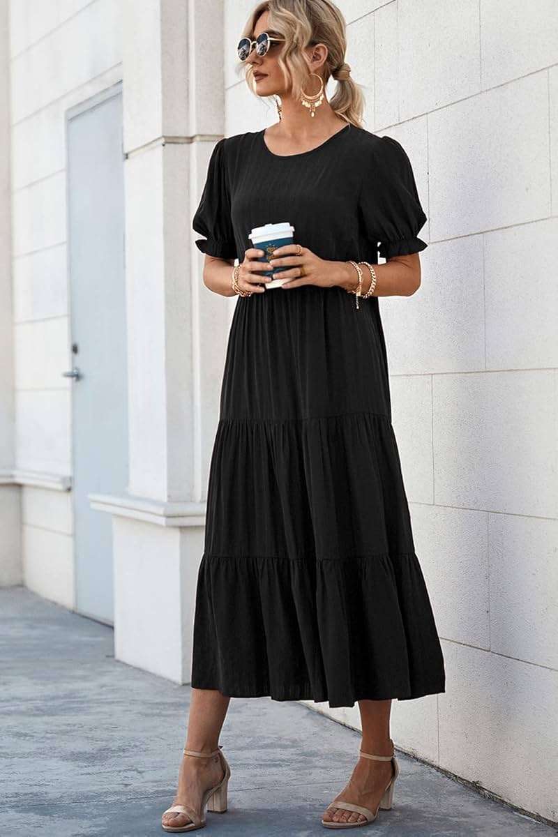 PRETTYGARDEN Summer Dresses for Women 2026 Casual Floral Boho Midi Sun Dress Puff Short Sleeve Flowy Beach Vacation Sundress - Image 4