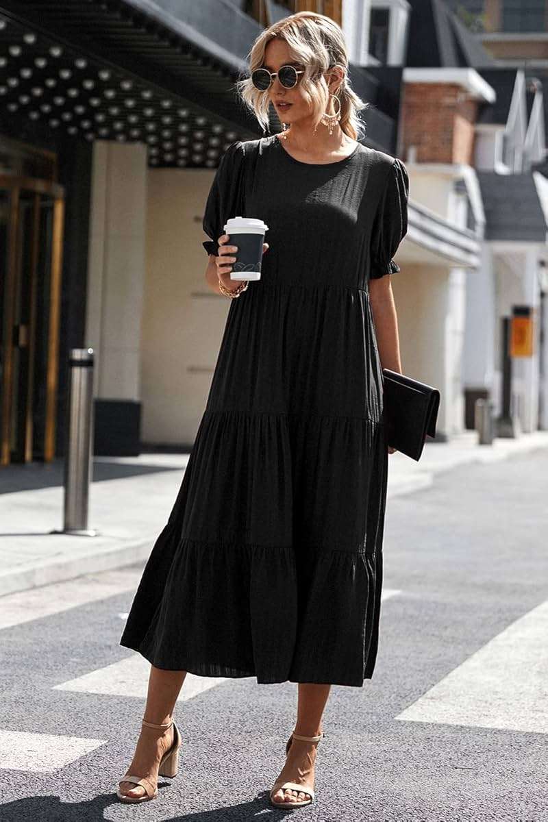 PRETTYGARDEN Summer Dresses for Women 2026 Casual Floral Boho Midi Sun Dress Puff Short Sleeve Flowy Beach Vacation Sundress - Image 8